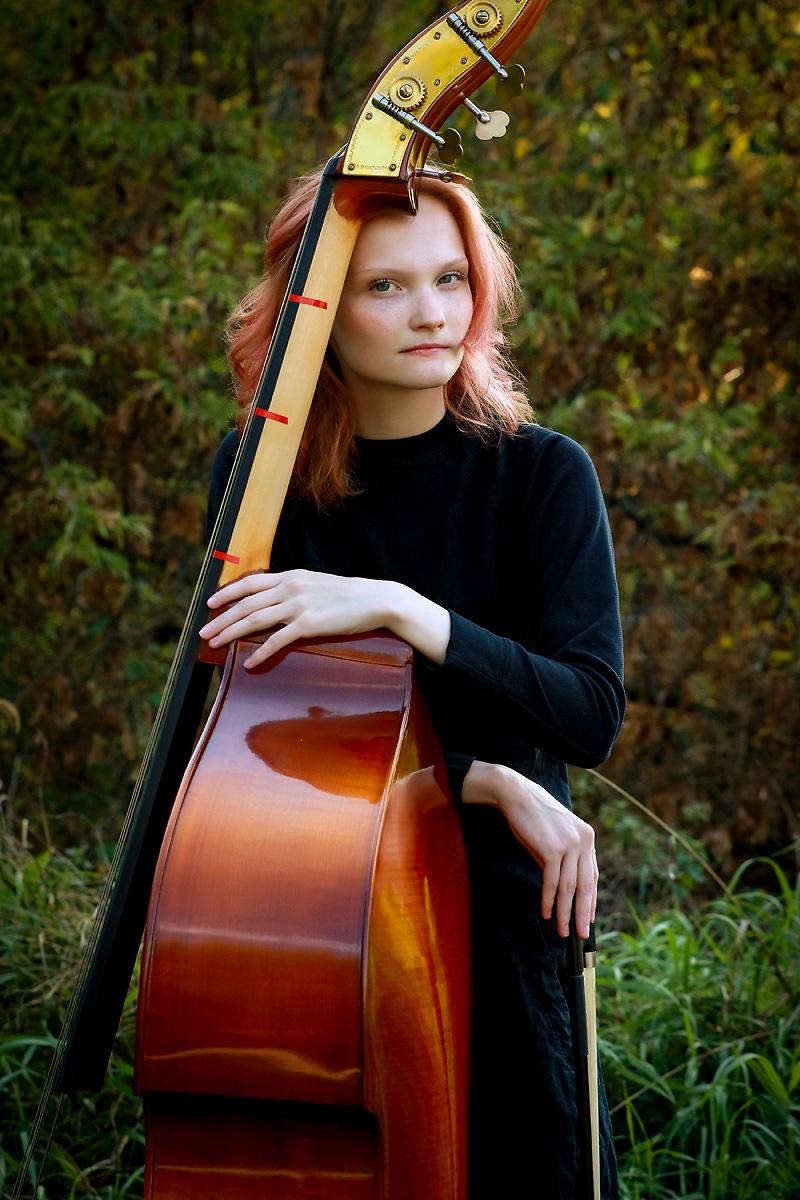 High School Senior Girl Musician with her Bass in a Nature Preserve in Saratoga NY